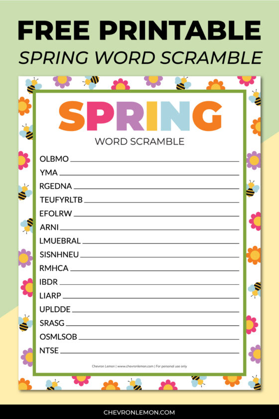 Printable Spring Word Scramble Chevron Lemon