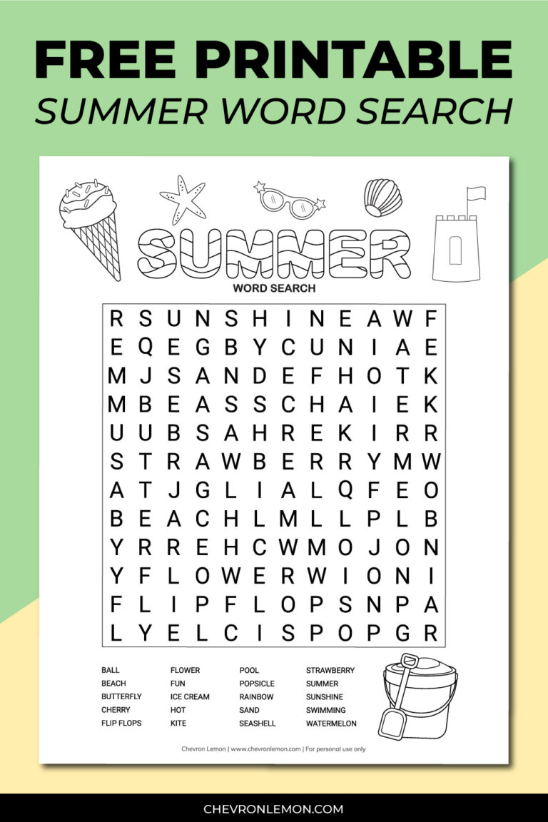 Printable summer word search - Chevron Lemon