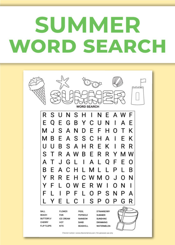 Printable summer word search - Chevron Lemon