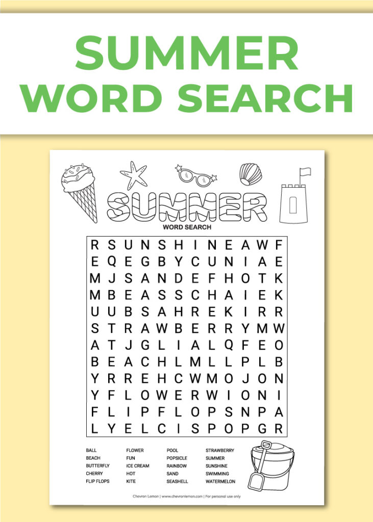 Printable summer word search - Chevron Lemon