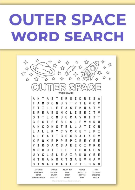 Printable outer space word search puzzle - Chevron Lemon