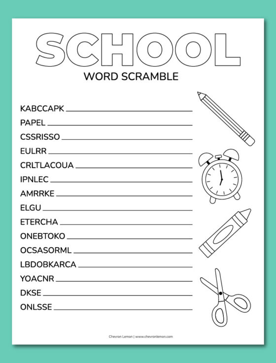 Printable school word scramble - Chevron Lemon