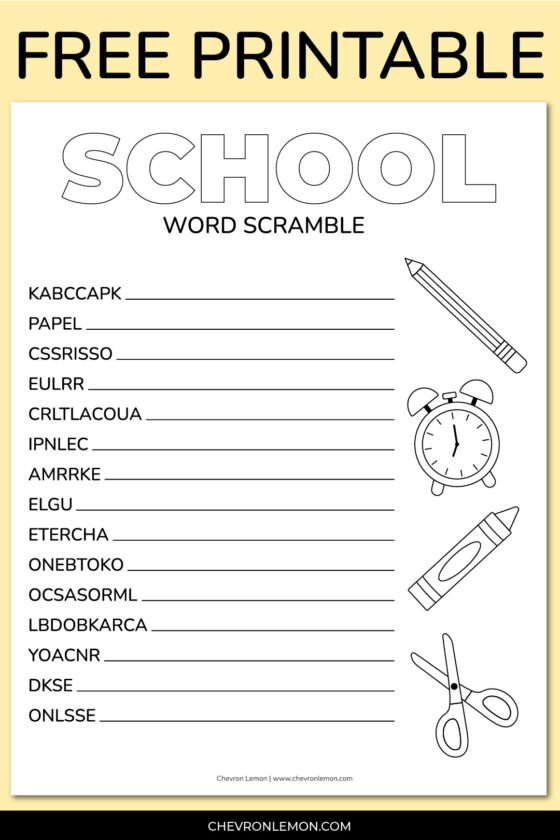 Printable school word scramble - Chevron Lemon