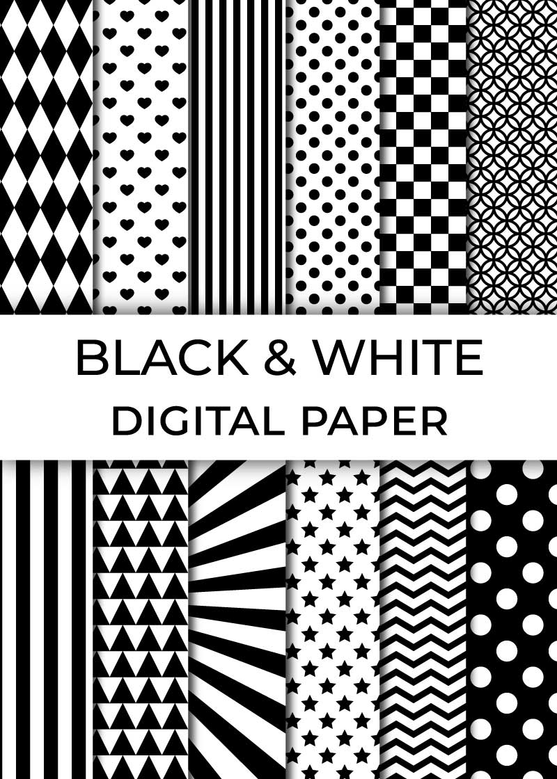 Black and White Scrapbook Paper, 8 Smiley Digital Papers