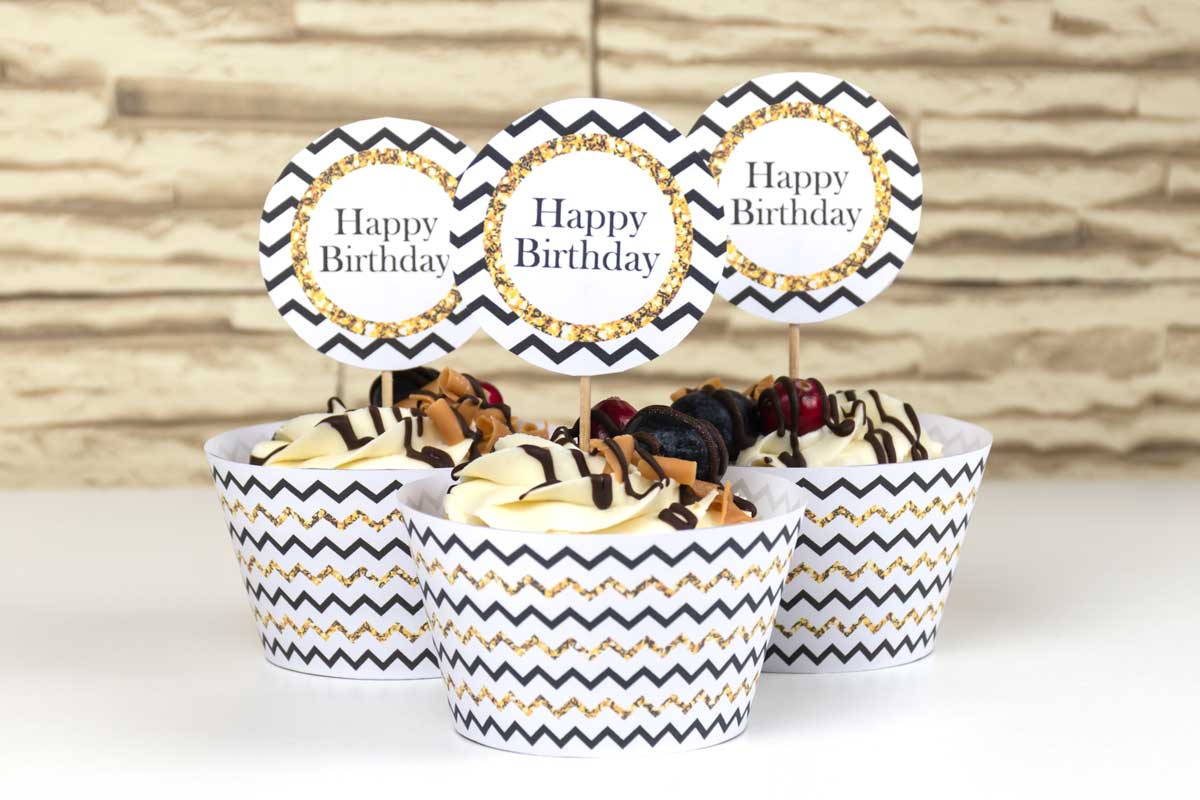 happy-birthday-cupcake-toppers-and-wrappers-black-chevron-and-glitter