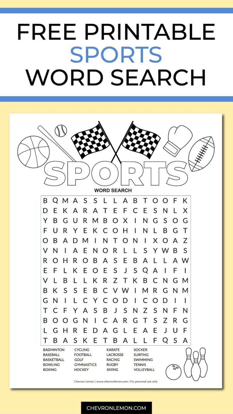 Free Printable Sports Word Search Puzzle Chevron Lemon