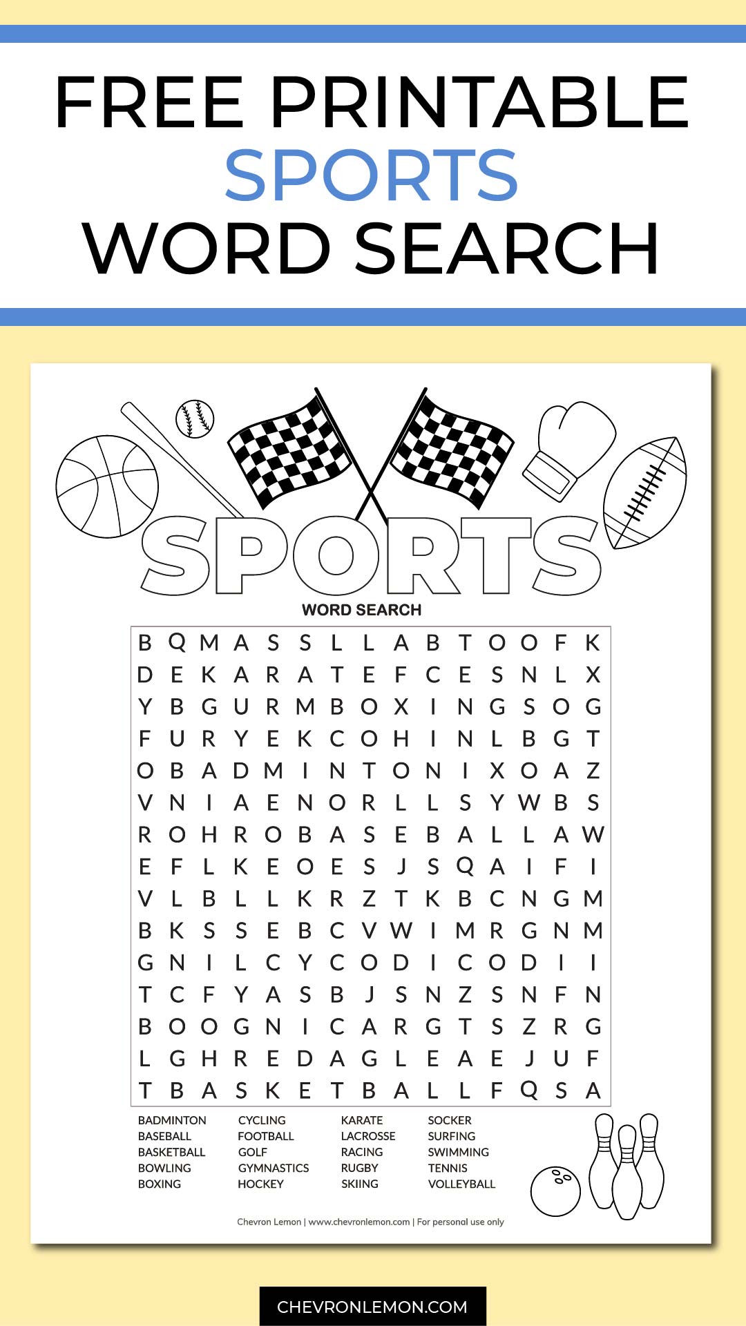 Free printable sports word search puzzle Chevron Lemon