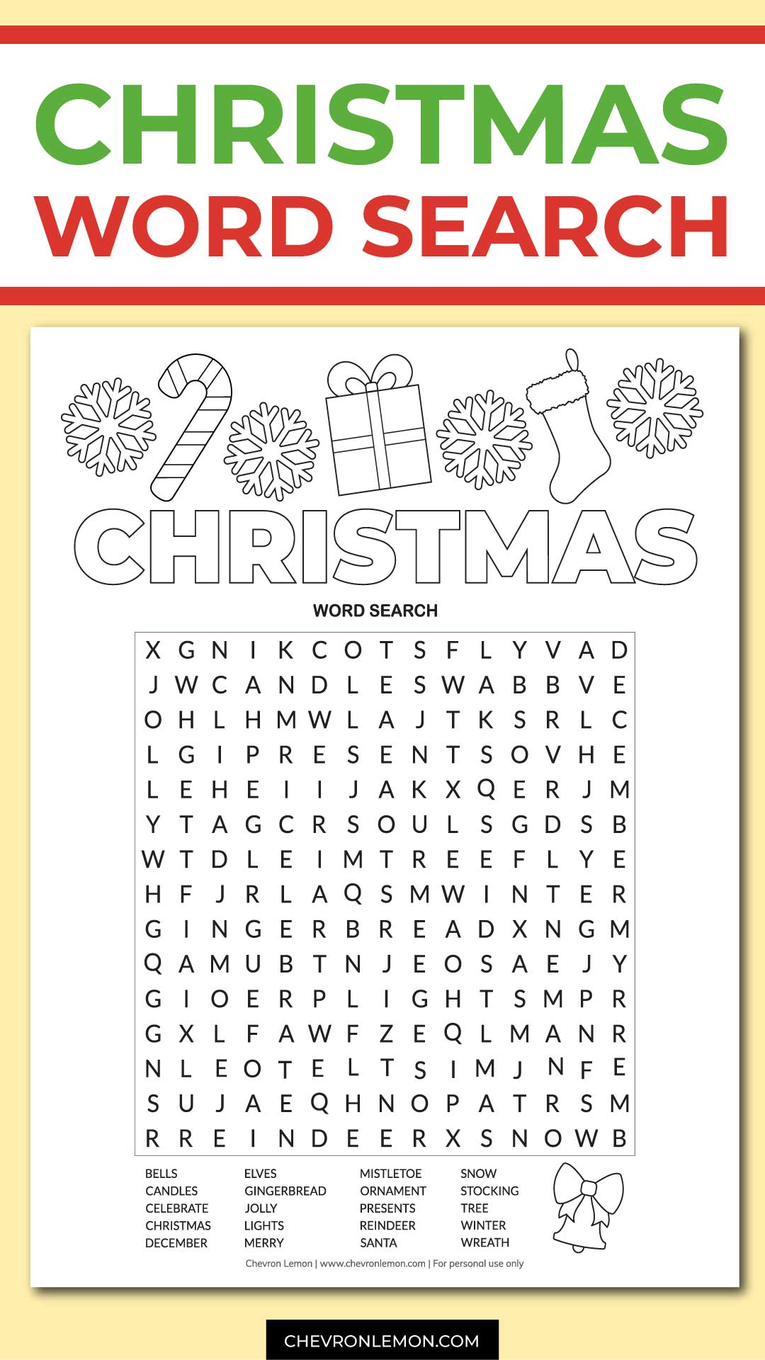 Printable Christmas word search - Chevron Lemon
