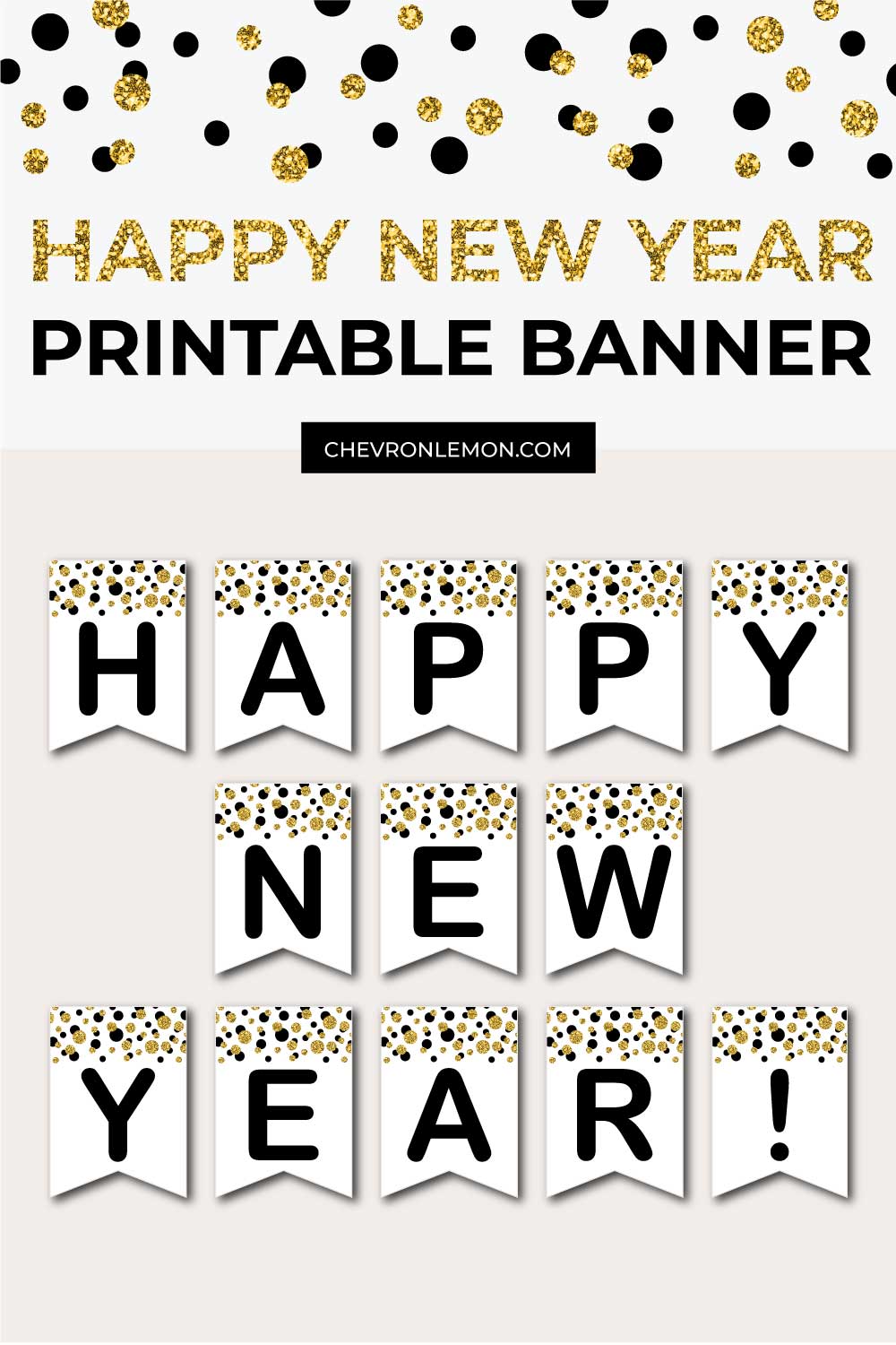 Free Printable Happy New Year Banner (black and golden confetti