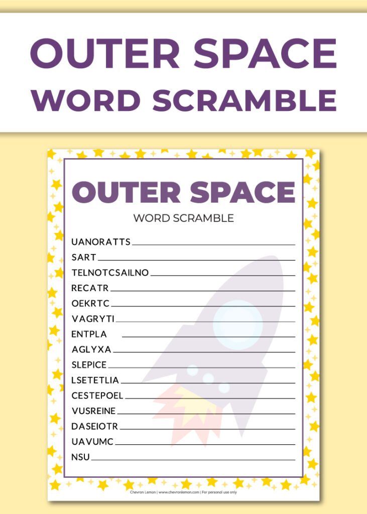 Free printable space word scramble - Chevron Lemon