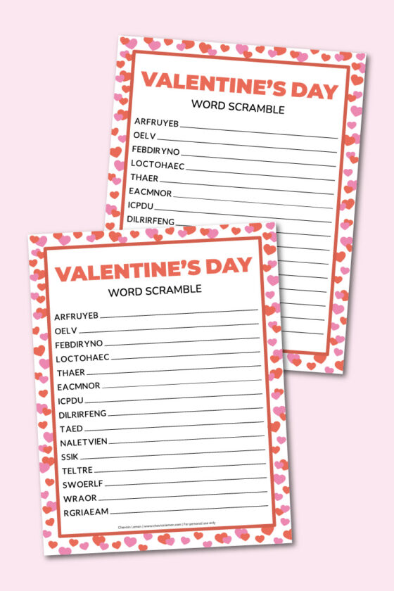 Free printable Valentine's Day word scramble - Chevron Lemon