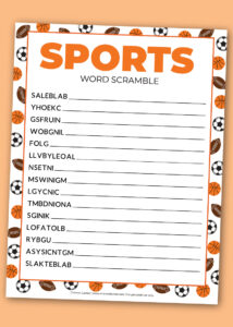 Printable sports word scramble - Chevron Lemon