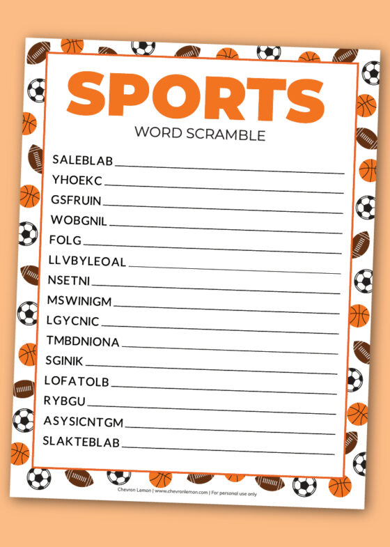 Printable sports word scramble - Chevron Lemon