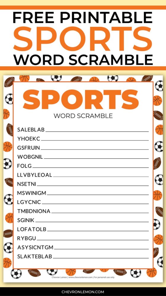 Printable sports word scramble - Chevron Lemon