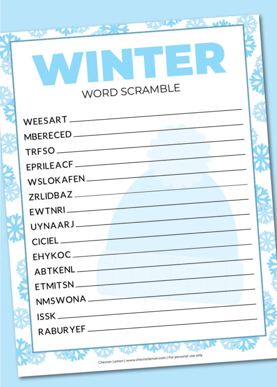 Printable winter word scramble - Chevron Lemon