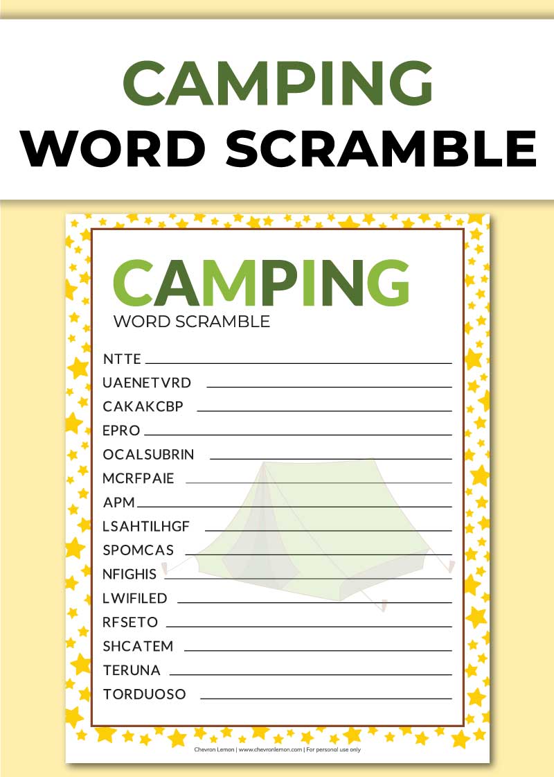 Printable camping word scramble Chevron Lemon