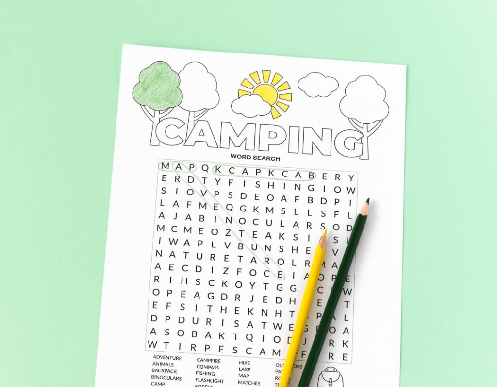 printable camping word search chevron lemon