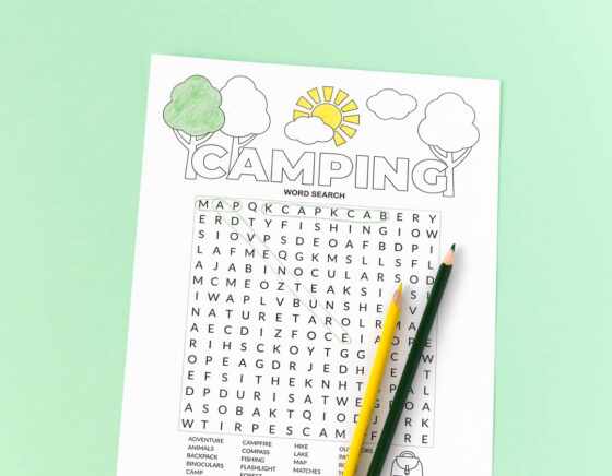 Printable camping word search - Chevron Lemon