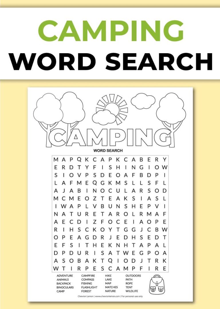 Printable Camping Word Search Chevron Lemon