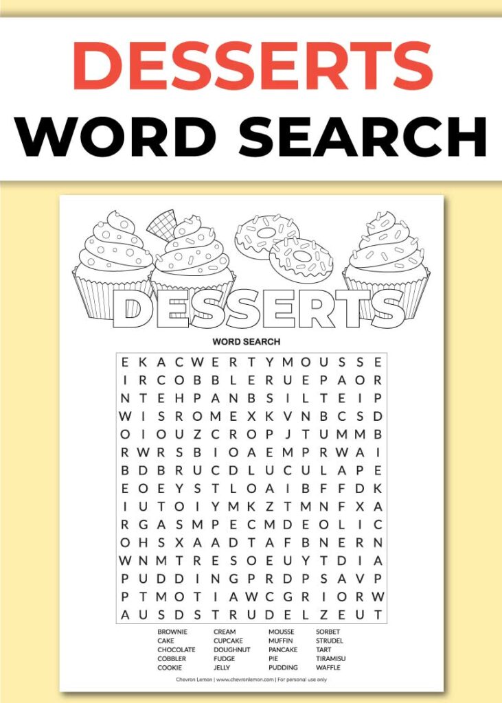 Printable Desserts Word Search Chevron Lemon