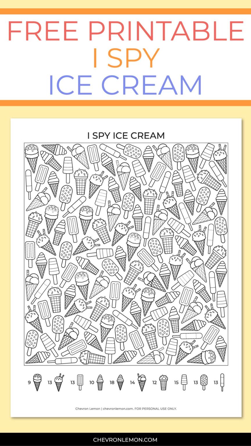 Printable I spy ice cream - Chevron Lemon