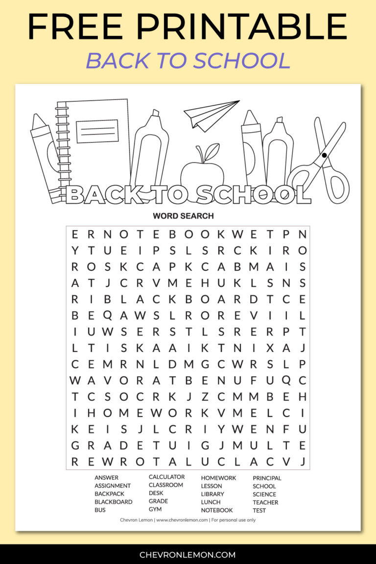 Printable Back To School Word Search Chevron Lemon