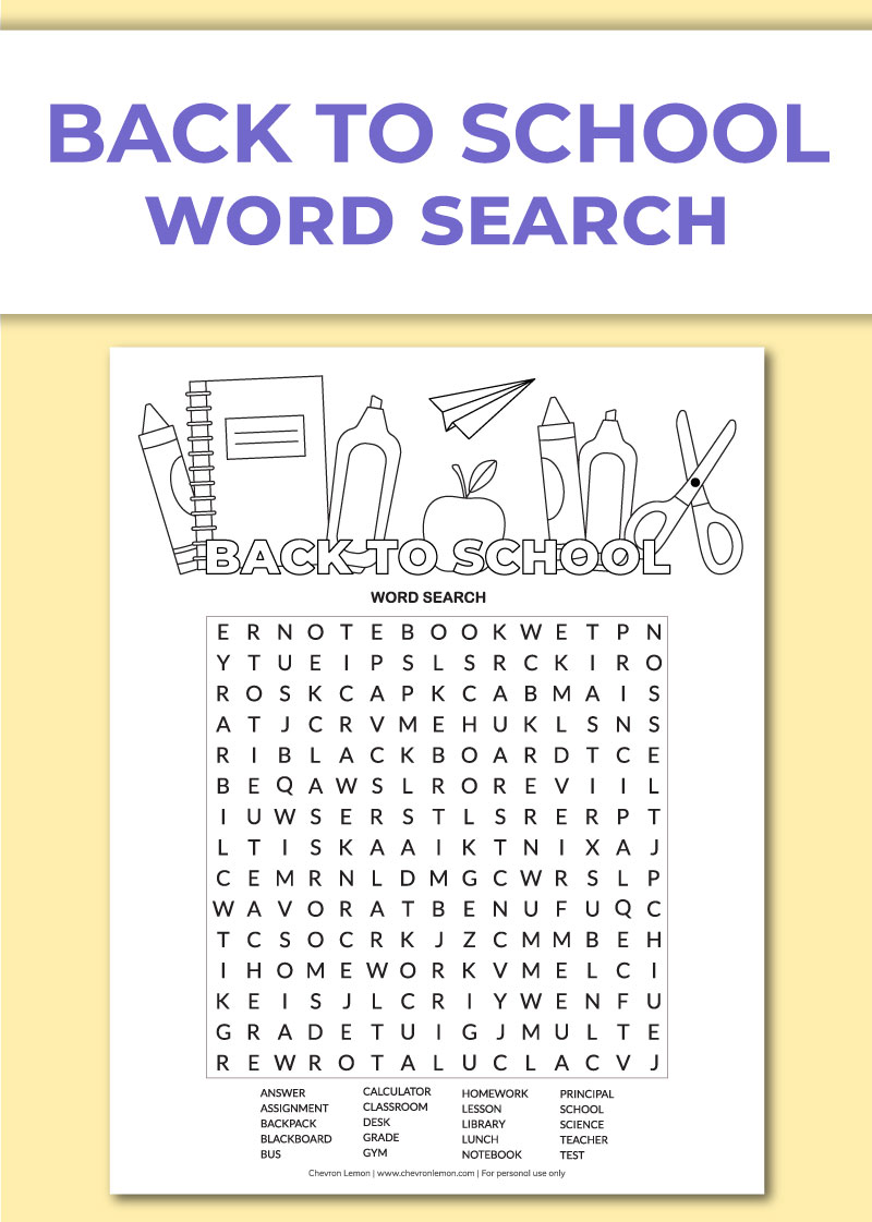 Printable Back To School Word Search Chevron Lemon