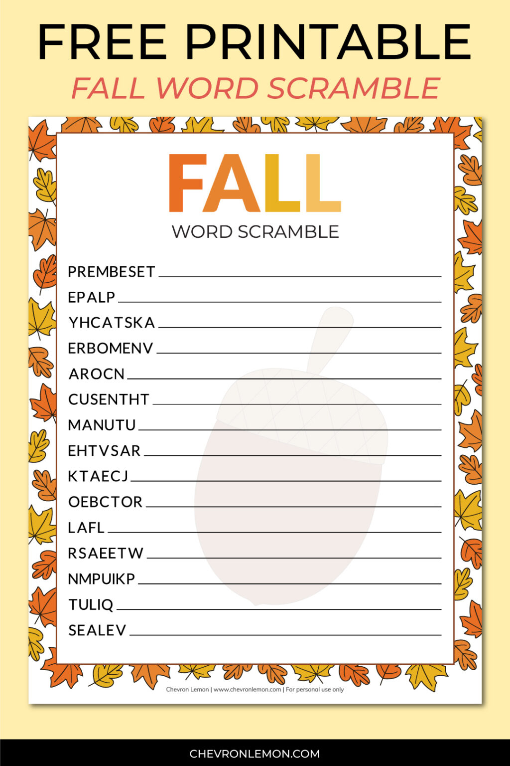 Free Printable Fall Word Scramble