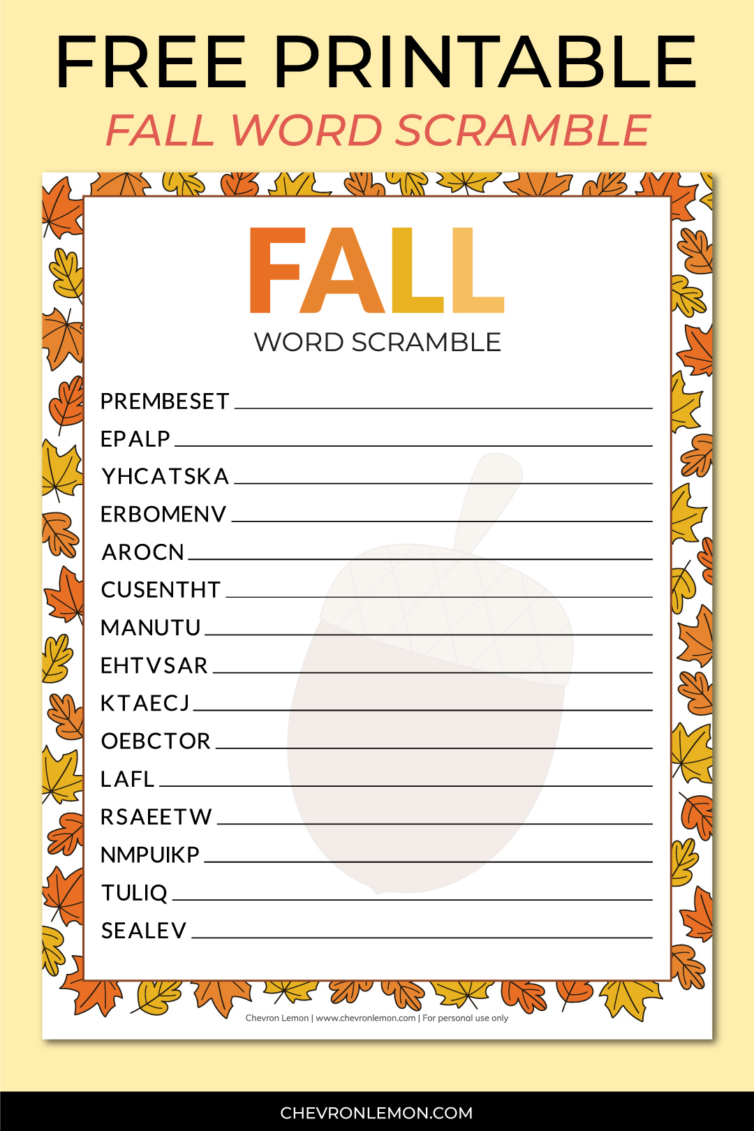 Printable fall word scramble Chevron Lemon