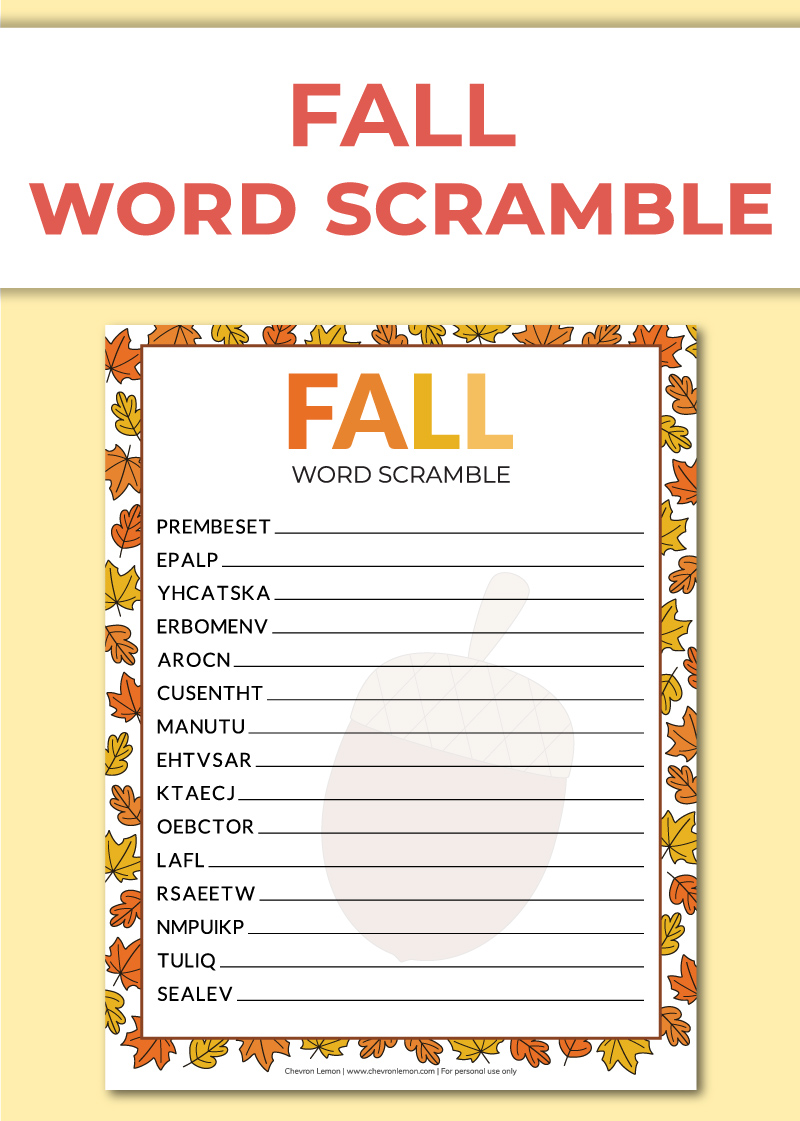 Printable fall word scramble Chevron Lemon