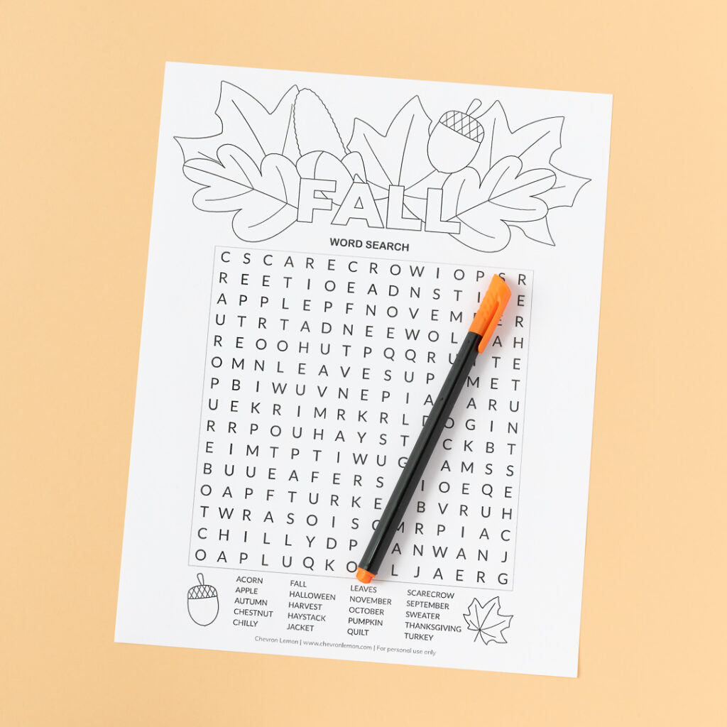 Printable fall word search - Chevron Lemon