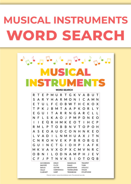 Printable musical instruments word search - Chevron Lemon