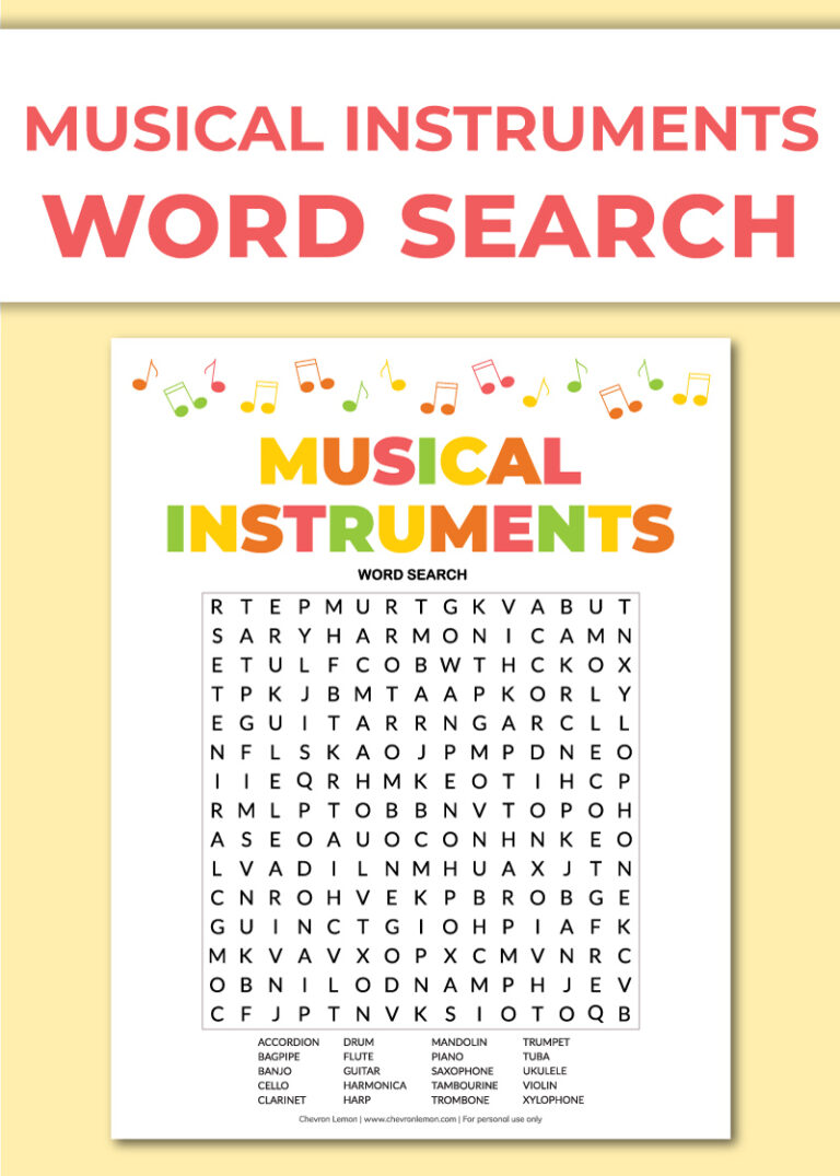 Printable musical instruments word search - Chevron Lemon