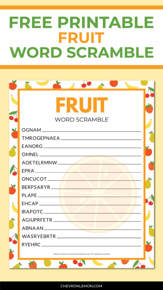 Printable fruit word scramble - Chevron Lemon