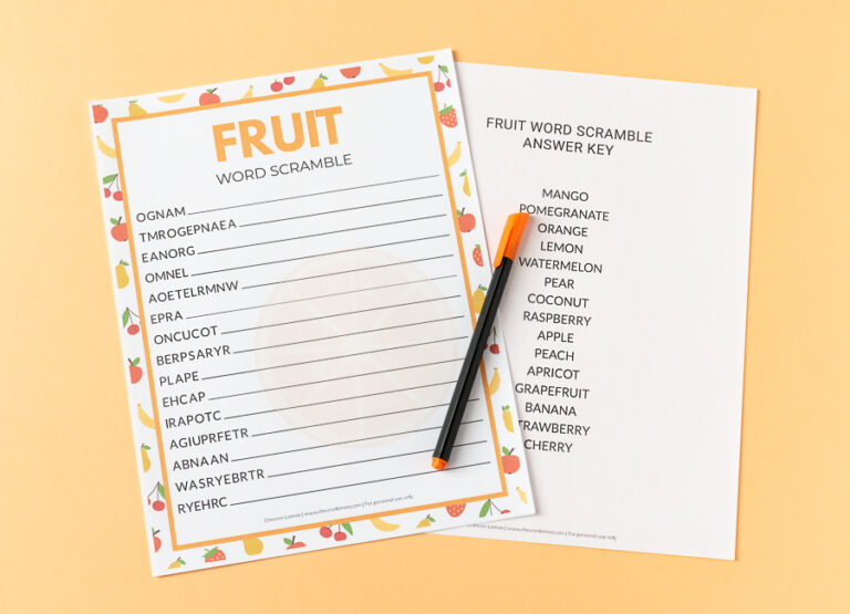 Printable fruit word scramble - Chevron Lemon