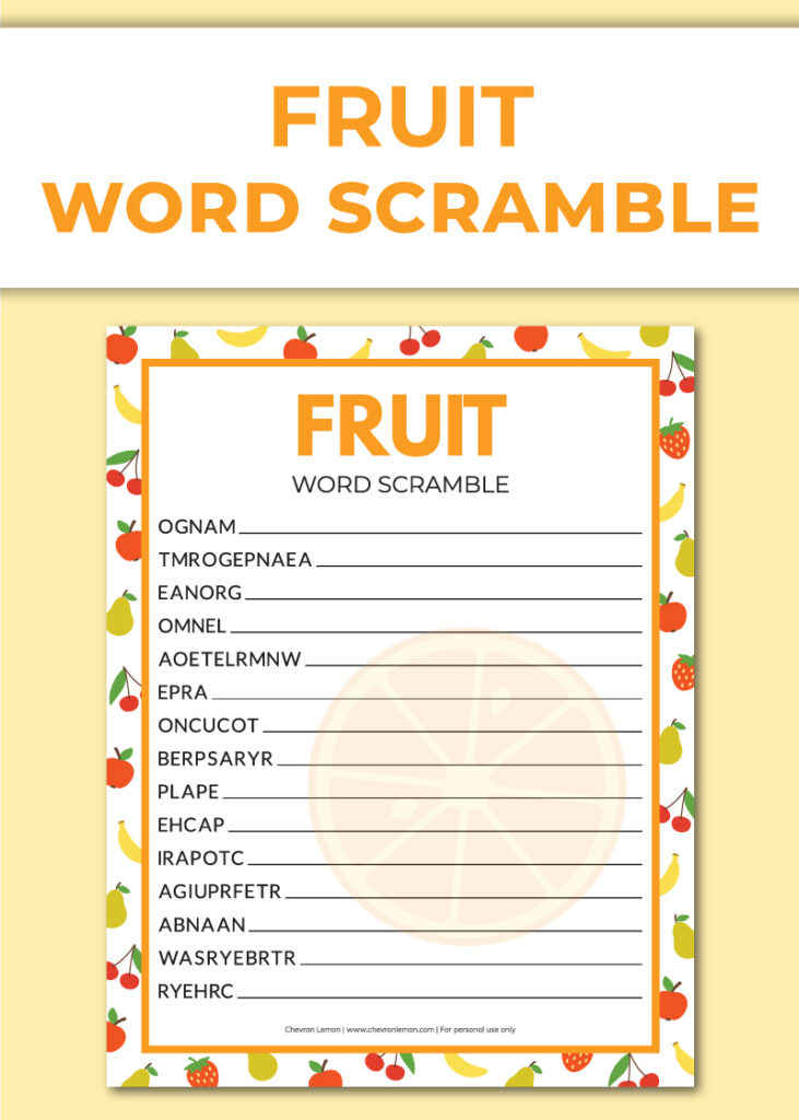 Printable fruit word scramble - Chevron Lemon