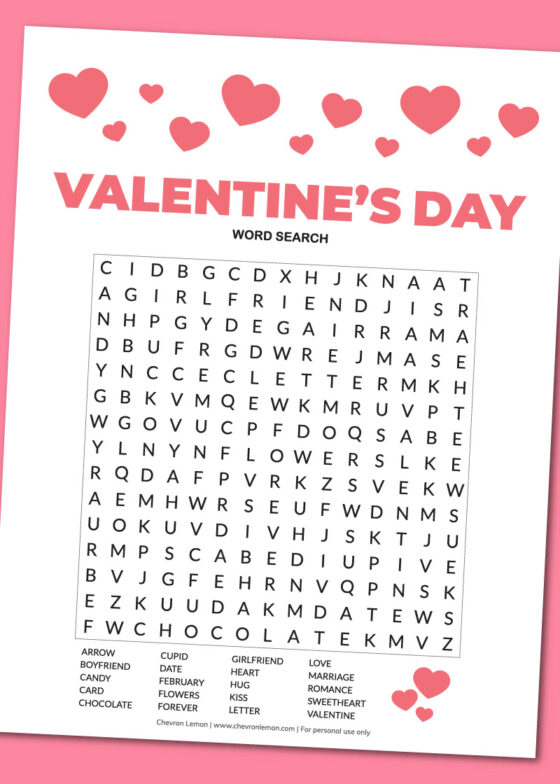 Printable Valentine's Day word search - Chevron Lemon