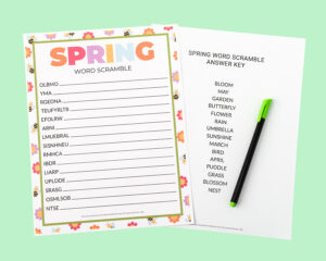 Printable spring word scramble - Chevron Lemon