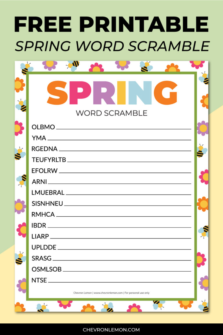 Printable spring word scramble - Chevron Lemon