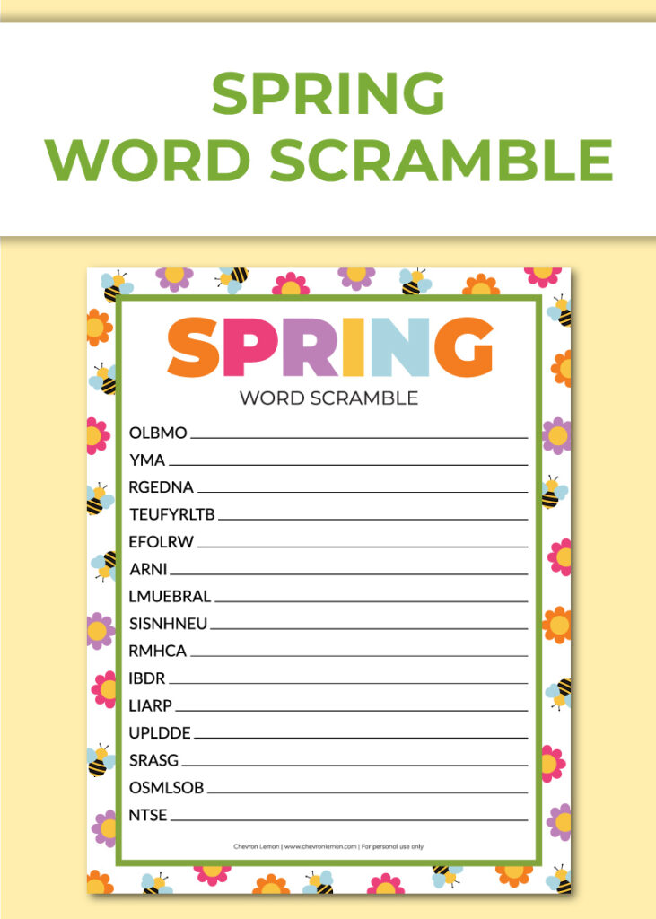 Printable spring word scramble - Chevron Lemon