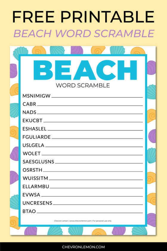 Printable beach word scramble - Chevron Lemon