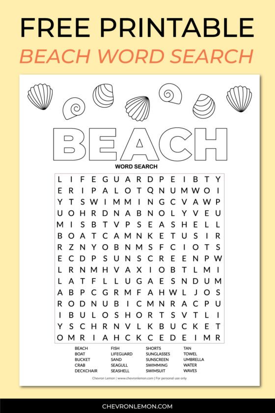 Printable beach word search - Chevron Lemon