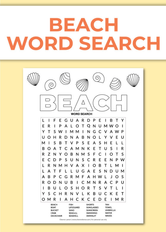 Printable beach word search - Chevron Lemon