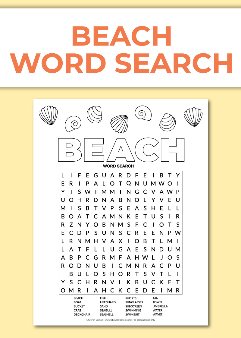 Printable Beach Word Search Chevron Lemon