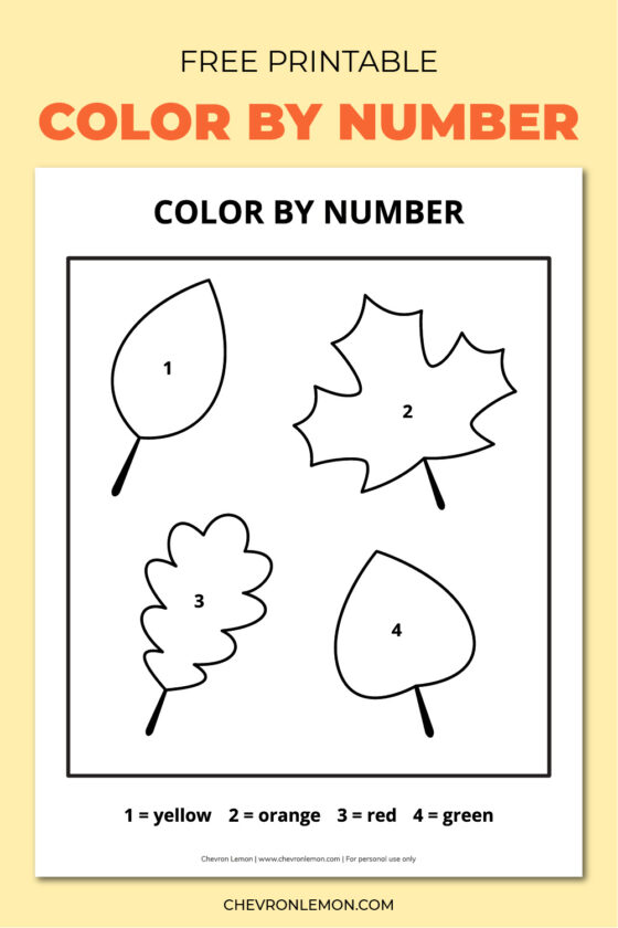 Printable fall leaves color by number page - Chevron Lemon