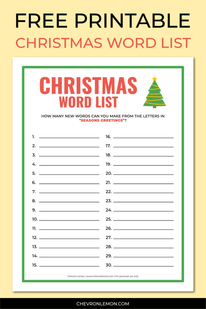 Printable Christmas word list - Chevron Lemon