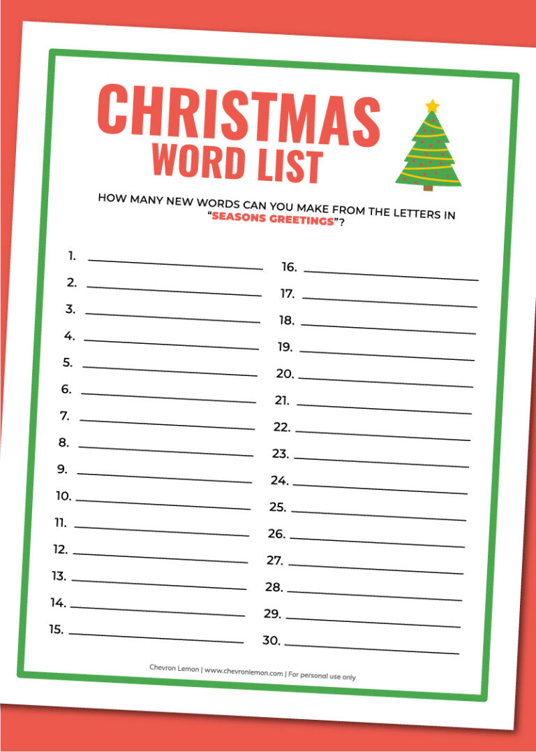 Printable Christmas word list