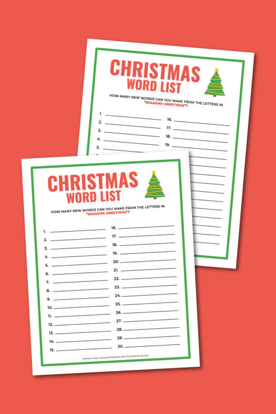 Printable Christmas word list - Chevron Lemon