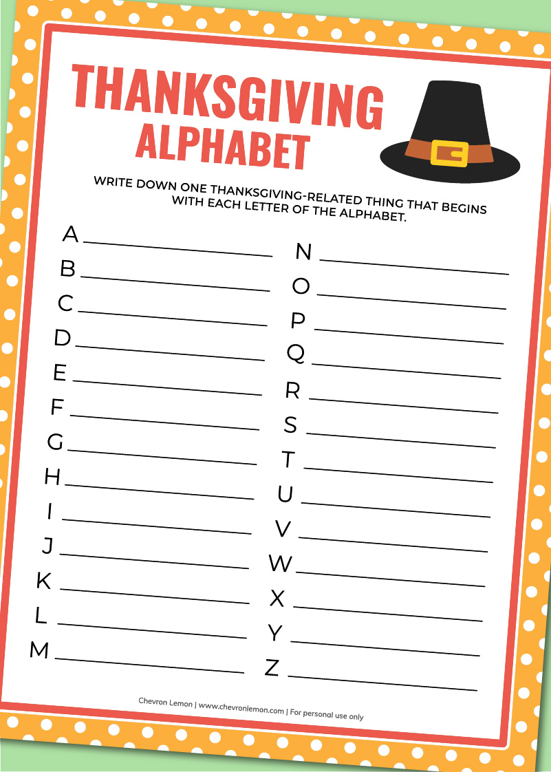 Printable Thanksgiving alphabet game Chevron Lemon