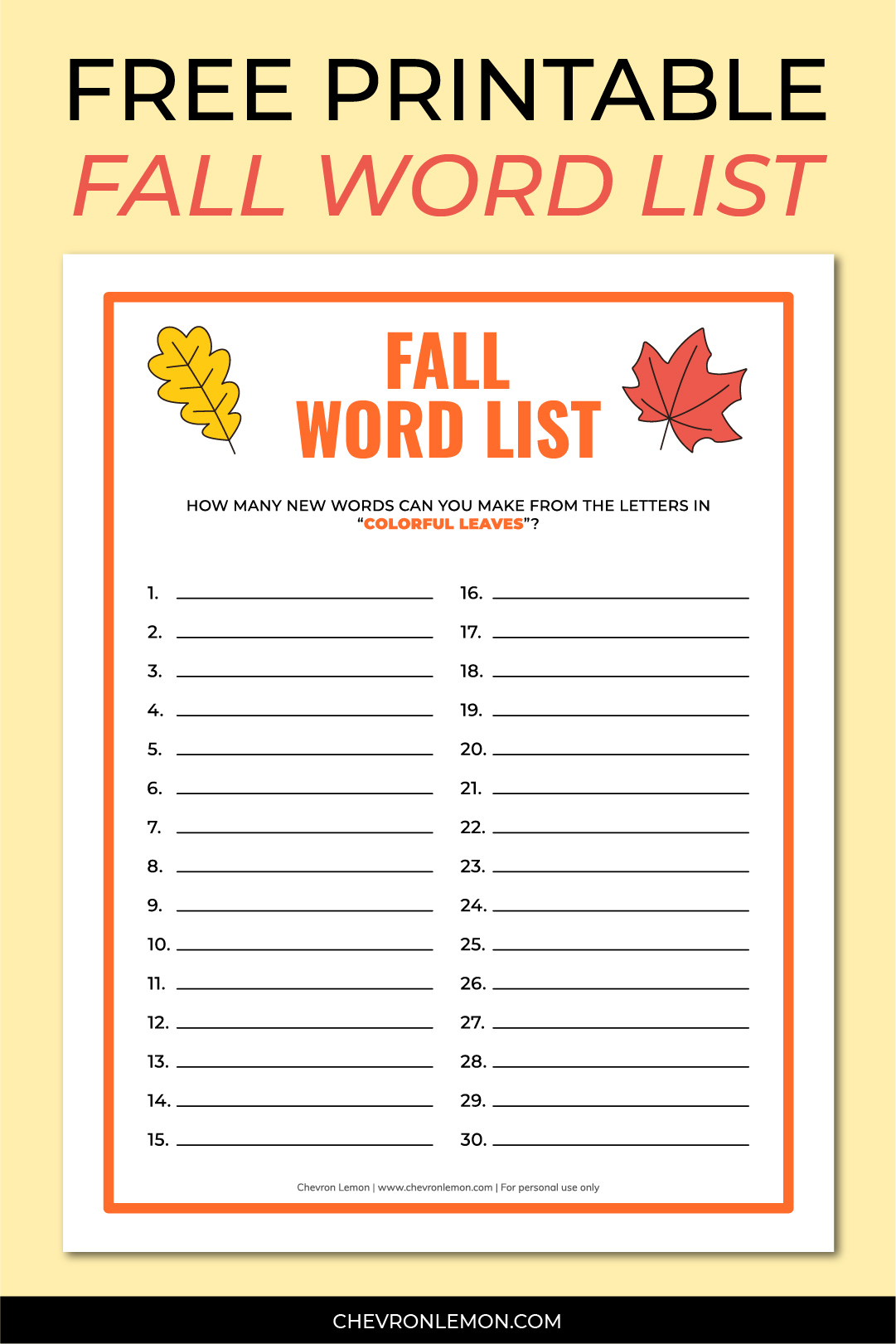 Printable fall word list game